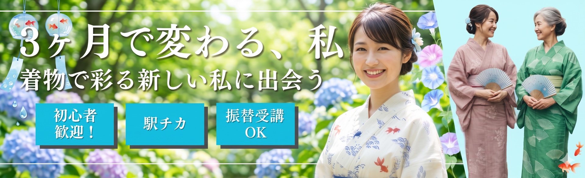 ３か月で変わる、私。着物で彩る新しい私に出会う。初心者歓迎。駅チカ。振替受講OK。